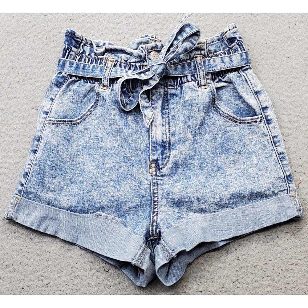 UNIQ BY LITZ Paperbag Shorts Womens S Blue Denim Tie Waist Cuffed Hem Button Fly